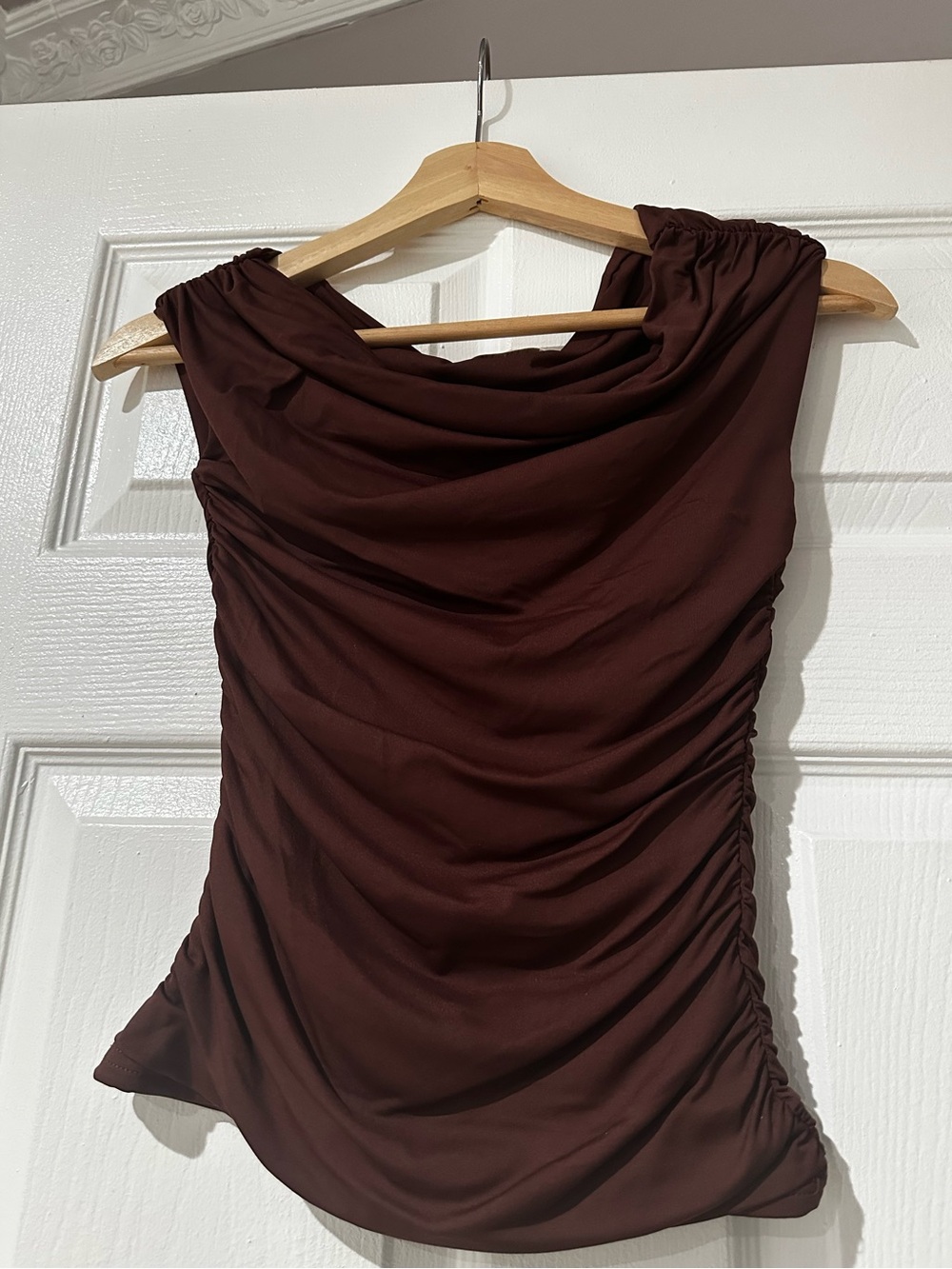 Meshki Ruched Asymmetrical Sleeveless Dress in Deep Brown